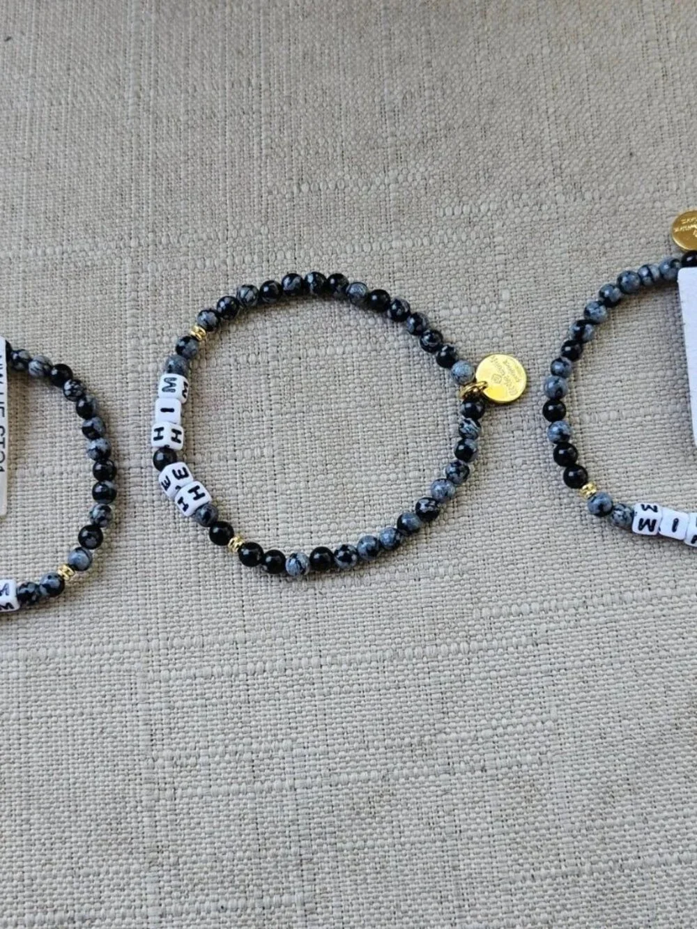 Little Words Project Bracelet Black Beands HE HIM Wrist Band Stretched Lot of 3